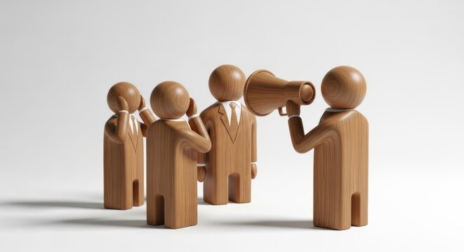 Wooden figures depicting communication dynamics and selective listening challenges in a business