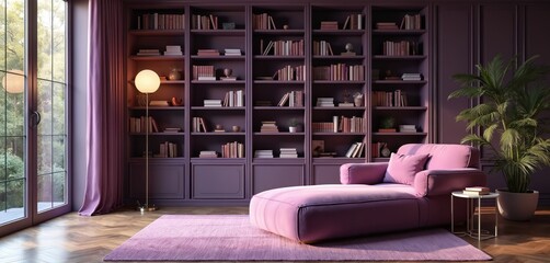 Luxurious home library interior. Purple tones dominate, featuring bookshelf chaise lounge and floor lamp. Bookshelves full books. Big window with garden view. Stylish room for leisure time.
