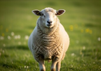 A fluffy white sheep stands in a lush green meadow looking directly at the camera.