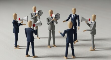 Fototapeta premium Wooden figures in suits using megaphones symbolising business communication and leadership