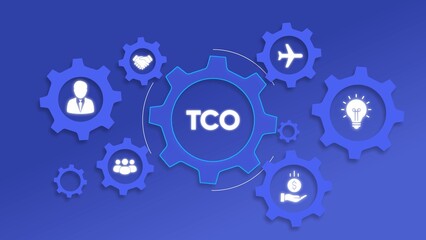 Gears with TCO text and business icons on blue background total cost of ownership cogwheels