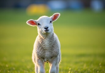 Fototapeta premium Adorable young lamb in a sunny green field looking directly forward at the viewer.