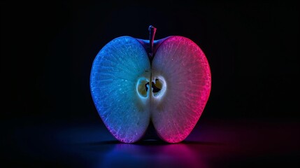 Neon Glowing Apple Slice on Dark Background