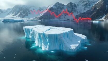 Photo shows melting glacier with economic graph superimposed. Visualizes environmental changes, climate impact. Global warming, effect on finance industries apparent. Image crisis.
