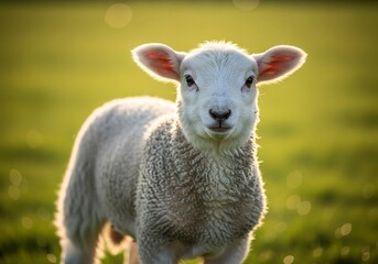 Obraz premium An adorable white lamb standing in a lush green field backlit by the warm sun.