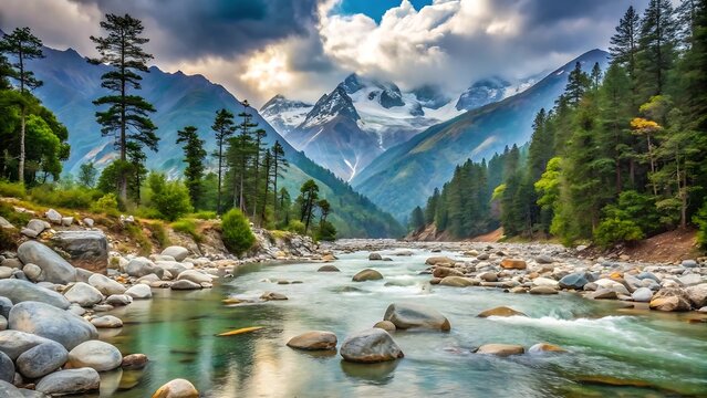 Mandakini River Flowing Near Kedarnath with Stones