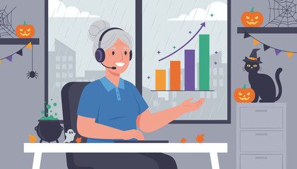 Smiling senior woman with headset working in Halloweendecorated office reflecting business growth
