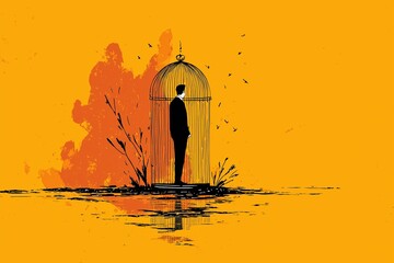 Man Trapped in Birdcage on Water with Orange Background