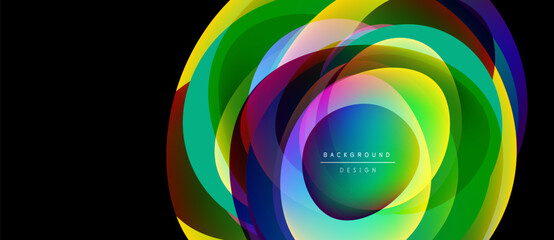 Fototapeta premium Abstract colorful layers create dynamic oval shape. Bright hues blend, forming modern background design. Text reads background design.