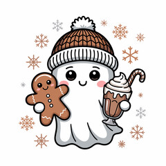 Cute Kawaii Ghost with Winter Hat Holding Gingerbread Cookie and Hot Chocolate – Adorable Holiday Illustration with Snowflakes