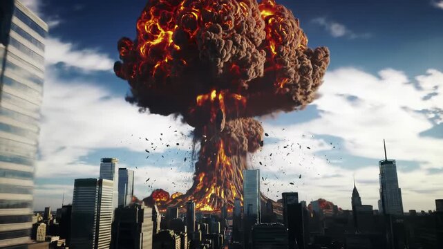 High aerial video of a modern metropolis with glass skyscrapers under a cloudy sky. A massive explosion erupts, forming an incandescent mushroom cloud, casting hellish shadows. Epic devastation scene