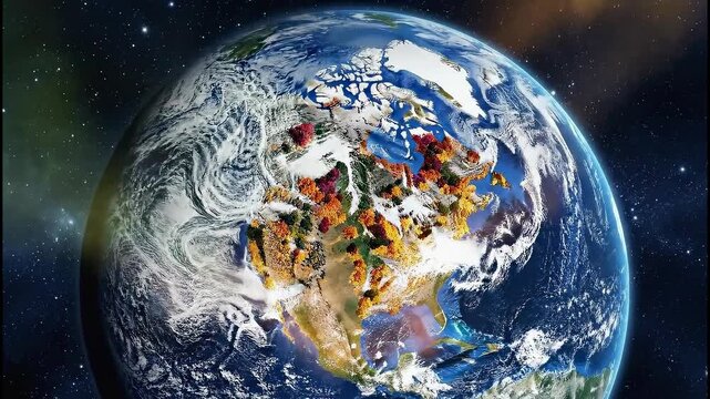 Vertical animation of planet Earth's transformation. A beam of light creates an autumn forest across North America. Seasonal change and nature concept