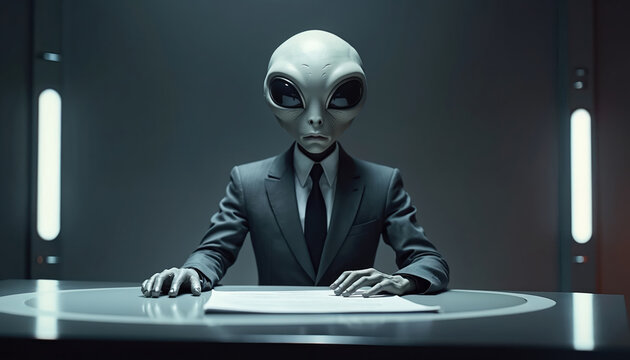 Grey alien sits at desk in business suit. Extraterrestrial manager working with documents in modern office. Concept of sci-fi meeting news or media space channel corporate style.