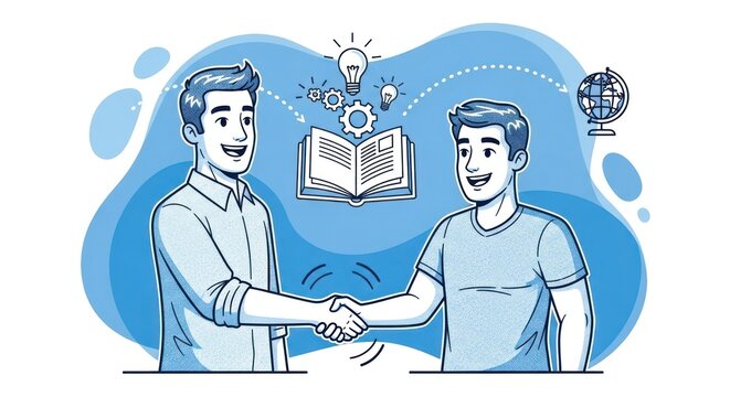 Businessmen shaking hands, knowledge sharing and developing innovative ideas for global success