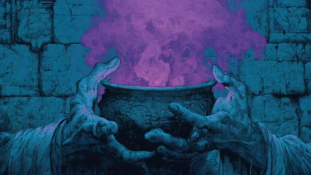 Mysterious hands hold dark cauldron, bright purple pink magical smoke. Stone wall background, eerie mystical atmosphere. Fantasy, magic, mystery. Otherworldly vibe. Witchcraft, spells, enchantment.