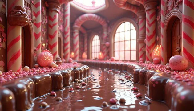 Chocolate river flows through fantasy candy factory hall. Pink and brown candy striped pillars line walkway. Large arched windows show soft sky glow.