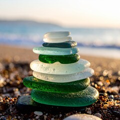 Stack of pastel colored sea glass on the beach