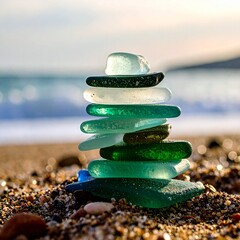 Stack of pastel colored sea glass on the beach