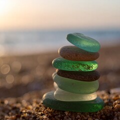 Stack of pastel colored sea glass on the beach