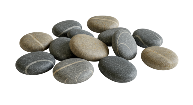 Smooth gray and beige stones with white stripes isolated on white background, perfect for wellness and spa concepts