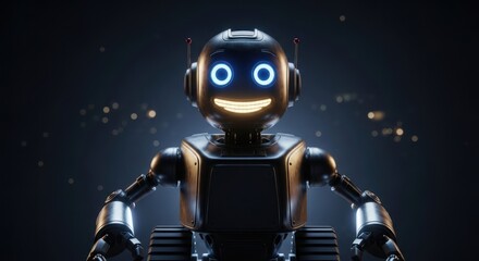 Friendly futuristic droid with glowing face elements and shiny black metallic body armor