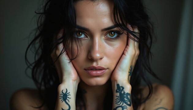 Tattooed woman poses. Serious girl touches face with hands. Portrait of beautiful brunette with dark hair. Concept of tattoo culture. Scorpio zodiac sign on girl arm present in photo.
