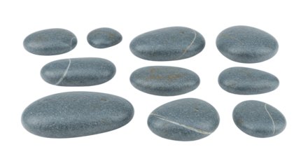 Smooth gray pebbles with white stripe patterns isolated on white background, ideal for spa, relaxation, and zen decor