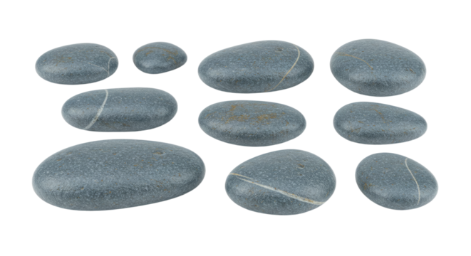 Smooth gray pebbles with white stripe patterns isolated on white background, ideal for spa, relaxation, and zen decor