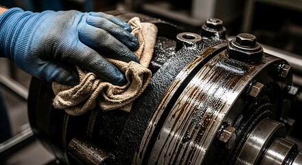 Detailed view of a technician's hand wiping an oily industrial machine with a rag for maintenance cleaning