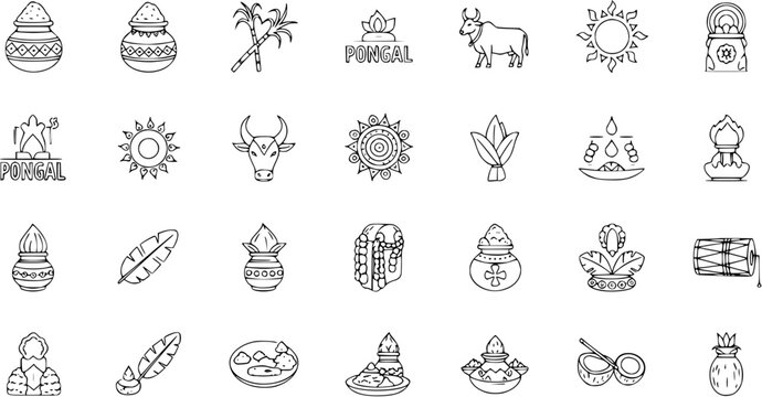 Pongal Festival Line Icons Set. Traditional Indian Harvest Celebration Symbols and Elements including Pots, Sugarcane, Sun, Cow, and Pooja Items. Outline Vector Illustration Pack.