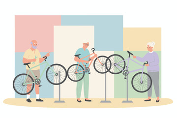 Active seniors repairing bicycles promoting healthy lifestyle and community engagement
