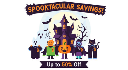 Spooktacular Halloween sale with fun costumed characters and a haunted house offering up to 50 off Great for seasonal promotions