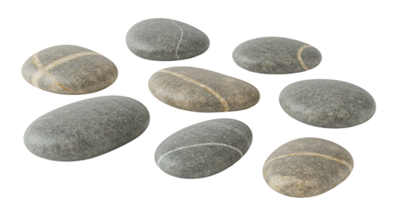 Smooth gray river stones with natural white stripes isolated on white background, perfect for spa and relaxation themes