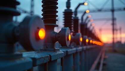 High voltage transformer. Insulators at electrical substation. Close up shows intricate design. Power flow control. Orange glow. Power lines background. Power generation concept. Tech gear at energy