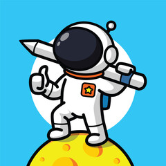 Cute Astronaut Holding Big Pencil Illustration for Space Cartoon Character and Creativity Concept