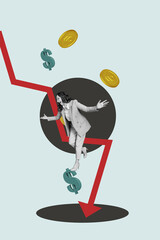 Banner 3d pop photo collage of inexperienced businesswoman businessman stand arrow decline dollar...