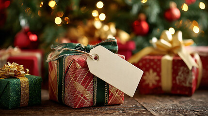 Festive christmas gifts with blank tag under a christmas tree ready for the holiday season