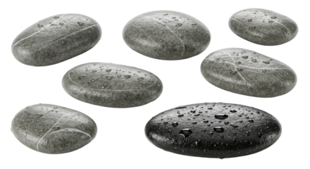 Smooth river stones with water droplets, isolated on white background, perfect for spa and relaxation themes