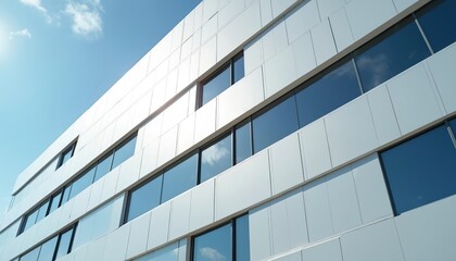 Office building facade with white panels, blue sky. Modern architecture with geometric pattern. Glass windows reflect sky, clouds. Exterior of aluminum composite panel building showcases tech design.