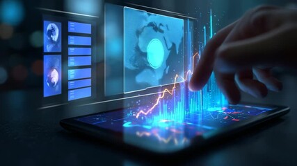 Hand interacting with a futuristic digital interface showing financial data - Powered by Adobe