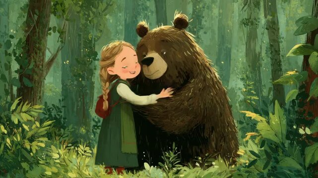 Beautiful little girl hug wild brown bear at forest. Animal love concept. Pretty child smile. Kind fairy tale. Sweet friendship. Fluffy teddy friend. Cute kid walk wood. Art illustration.
