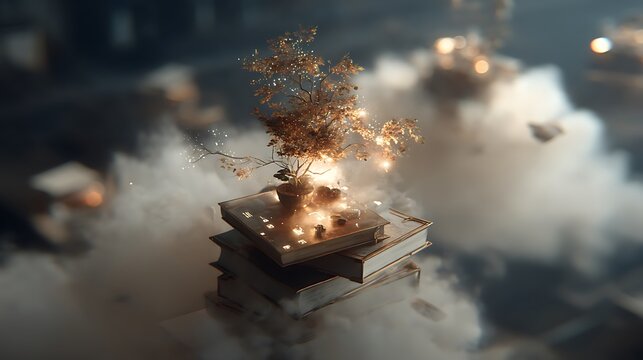 Enchanted Books with Magical Garden Surrounded by Mystical Clouds and Floating Light Particles
