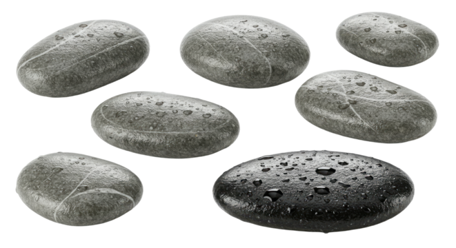 Smooth river stones with water droplets, isolated on white background, perfect for spa and relaxation themes
