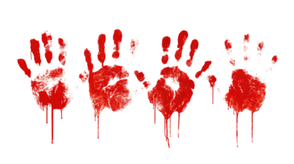 Four red handprints with dripping red liquid paint splatter smear artistic pattern abstract marks element isolated on white background