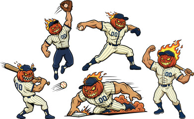 Halloween Pumpkin Head Baseball Player Collection in Various Dynamic Action Poses