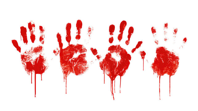 Four red handprints with dripping red liquid paint splatter smear artistic pattern abstract marks element isolated on white background - Powered by Adobe