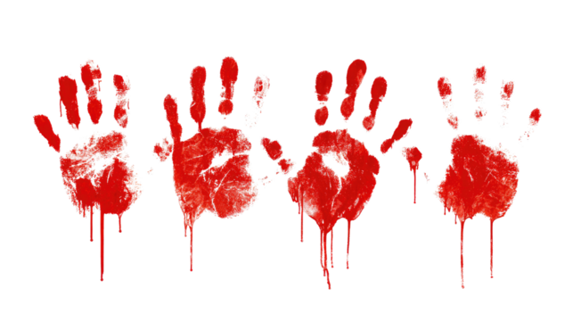 Four red handprints with dripping red liquid paint splatter smear artistic pattern abstract marks element isolated on white background