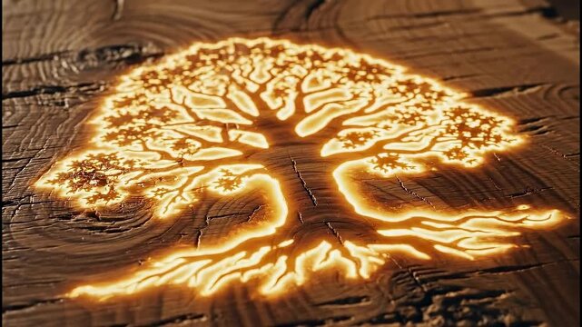 A glowing tree of life animation is revealed on a dark wood surface. Luminous roots and branches form a magical symbol in this conceptual video