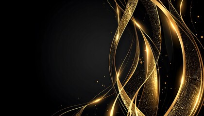 Elegant dark background art with swirling gold ribbons and sparkling light effects, creating a sense of luxury and sophistication