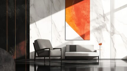 Modern lounge area with armchairs and sofa, art on wall, for interior design